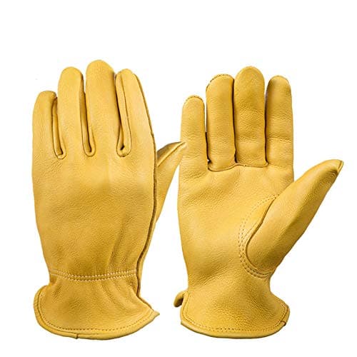 OZERO Leather Work Gloves: Mens Deerskin Gloves for Men & Women (Gold, S)