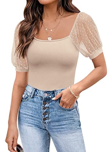 DOROSE Womens Tops Cute Going Out Top Mesh Short Sleeve Square Neck Shirt Blouses Beige L - Image 1