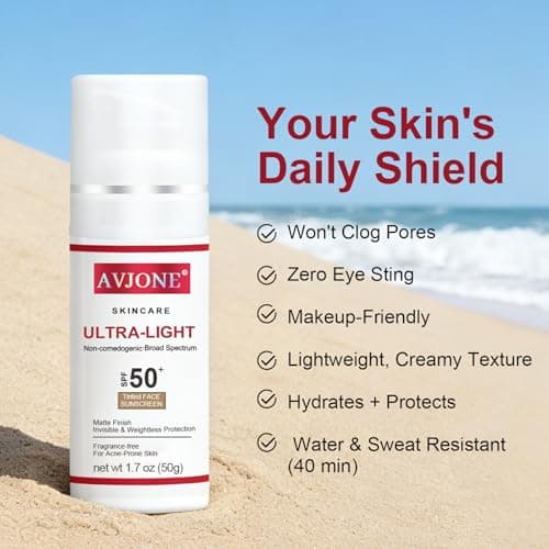 AVJONE Face Sunscreen SPF 50, Broad Spectrum UVA/UVB Protection with Hyaluronic Acid & Vitamin E, Lightweight Non-Greasy Formula, Water-Resistant, Oil-Free, Non-Comedogenic for Sensitive Skin, 1.7 oz - Thumbnail 2