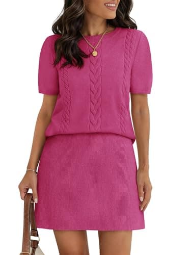 COCCKO Women's 2 Piece Outfits Turtleneck Puff Short Sleeve Ribbed Knit Sweater Sets Pleated Mini Dresses Casual Lounge Sets Rose Red XL - Image 1