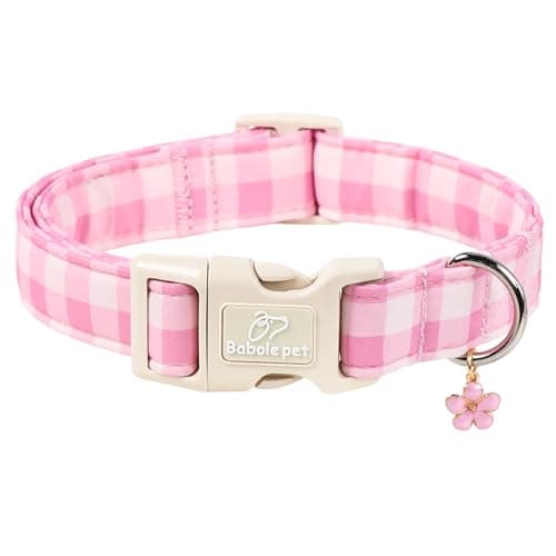 Babole Pet Girl Dog Collar Pink Gingham Dog Collars for Medium Dogs - Lightweight Adjustable Spring/Summer Plaid Male Female Dogs Everyday Collar with Safety Buckle M