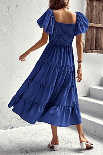 PRETTYGARDEN Women's Casual Summer Midi Dress Puffy Short Sleeve Square Neck Smocked Tiered Ruffle Dresses (Blue,X-Large) - Thumbnail 5
