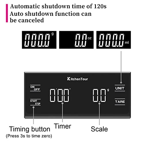 KitchenTour Coffee Scale with Timer for Brew Artisanal Java - Pour Over Scale for Slow Drip and French Press Coffee - Multifunction Kitchen Food Scale with Grams and oz - Thumbnail 3