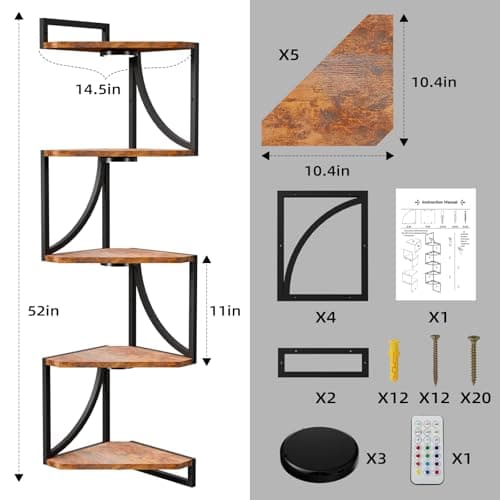 HAAYOT Corner Shelf Wall Mounted with Lights, 5-Tier Floating Metal Shelves for Living Room, Bedroom, Rustic Brown - Thumbnail 2