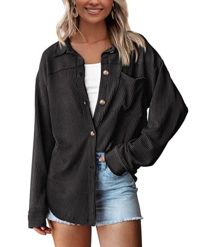 PRETTYGARDEN Women's Button Down Shirts 2026 Spring Long Sleeve Textured Tops Oversized Shacket Jacket Knit Blouses(Black,Large) - Image 1