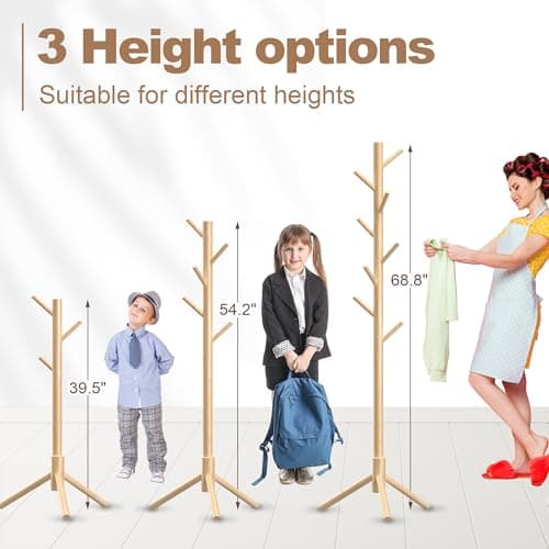 Aliphon Wooden Coat Rack Stand, Freestanding Coat Rack with 8 Hooks, 3 Adjustable Size Coat Tree for Hats, Coats, Scarves bags, Coat Hanger Stand Used in Bedroom/Office/Entryway,2 PCS (Natural) - Thumbnail 4
