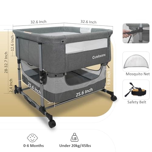 cutebeams Twin Bassinet for 2 Babies, 3 in 1 Bedside Co Sleeper Double Bassinet for Twins, Rocking Bassinet for Baby with Wheels and Storage Basket, Includes Mattress (Grey) - Thumbnail 3