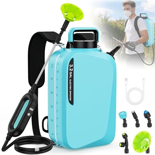 3.2Gal/12L Battery Powered Backpack Sprayer, 7.4V Electric Pump Sprayers with Digital Display, 2 Speeds & 5 Nozzles, USB Rechargeable, Adjustable Strap for Lawn, Garden, Farm, Cleaning (Light Blue) - Image 1