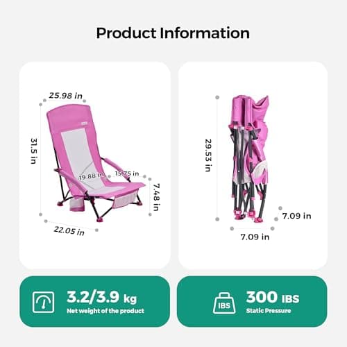 SUNNYFEEL Folding Beach Chair, High Back Beach Chairs for Adults, Lightweight Portable Camp Chair 300lbs Heavy Duty with Carry Bag, Cup Holder for Outdoor Travel Picnic Concert, 2 Pack, Pink - Thumbnail 2