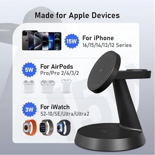 3 in 1 Wireless Charging Station for Apple, 15W Mag-Safe Charger Stand for iPhone17/16/15/14/13/12 Pro/Max/Plus/, Phone Charger Stand for Airpods 4/3/2, Wireless Charger for iWatch Series(Black) - Thumbnail 4