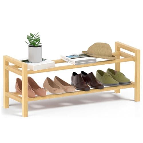 Haddockway Bamboo Shoe Rack for Closet, Free Standing Shoe Organizer with Smooth Round Rods & Convenient Handles, Stackable Shoe Storage Shelf for Entryway, Hallway(Natural, 2-Tier) - Image 1