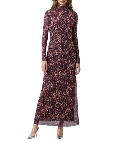 OctMoon Women’s Long Sleeve Maxi Dress High Neck Mesh Bodycon Dress with Splatter Print – Elegant Fall Italian Dress, Boho Evening Cocktail Party Dresses for Women(Dark Purple)-M - Image 1