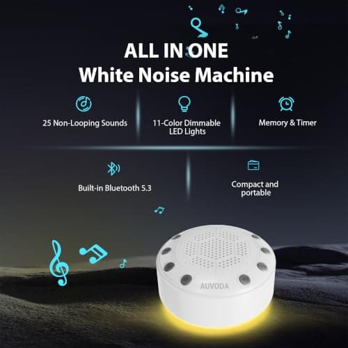 AUVODA S318 White Noise Machine, Portable Sound Machine for Sleep with Bluetooth, 25 Non-Looping Sounds, 11-Color Night Light, Memory & Timer, USB-C Powered, for Baby Kids Adults Home Office Travel - Thumbnail 2