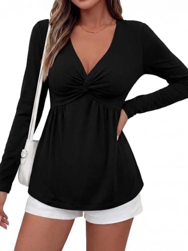 BTFBM Babydoll Tops for Women 2026 Fall Fashion Twist Front V Neck Flowy Long Sleeve Blouses Dressy Casual Peplum Tops(Black, X-Large) - Thumbnail 3