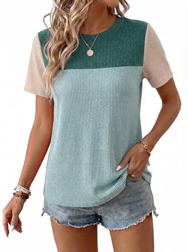 BLENCOT Women's Tops Comfort Colors Tshirt Spring Crewneck Loose Trendy Casual Oversized Short Sleeve Knit Summer Ladies Dressy Blouse Blue X-Large - Image 1