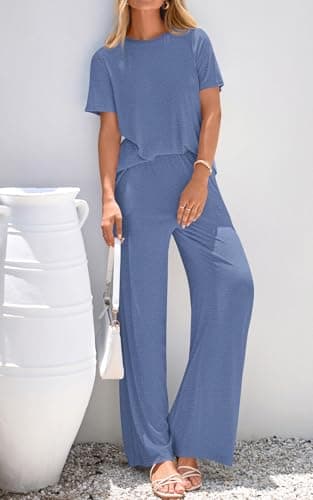 PRETTYGARDEN Womens 2 Piece Outfits Fall Short Sleeve Crew Neck Comfy Sets for Women Clothing Elastic Waist Palazzo Pants (Grey Blue, X-Large) - Thumbnail 3