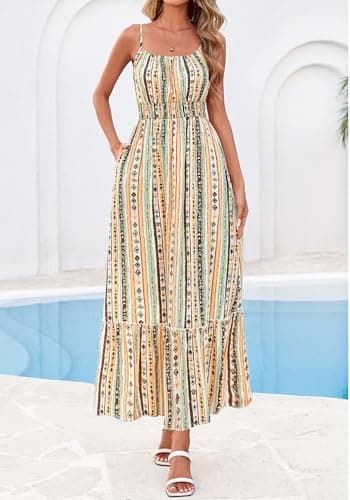 BTFBM Summer Dresses for Women 2026 Sundresses Sleeveless Spaghetti Strap Boho Beach Vacation Outfits Spring Maxi Dress(Print Green Yellow, XX-Large) - Thumbnail 5