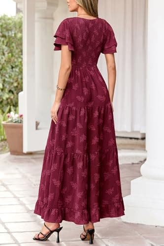 dowerme Maxi Dresses for Women 2026 Summer Ruffle Sleeve V Neck Smocked A Line Floral Boho Tiered Sundress Spring Outfit(Burgundy,Medium) - Thumbnail 5