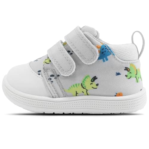 STQ KIDS Wide Toe Box Baby Girls Sneaker Toddler Barefoot Walking Shoes Comfort Infant Tennis Shoe Soft First Walker Non-Slip Mid Top Ankle Support Light Grey Dinosaur 18-24 Months Toddler Size 6 US - Image 1