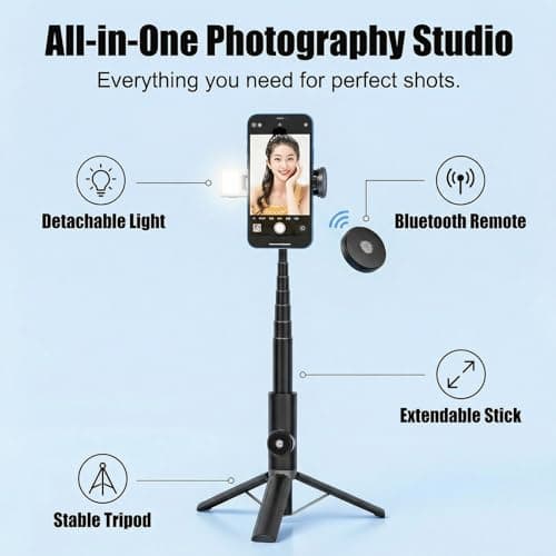 Selfie Stick Tripod Portable Extendable Cell Phone Stand with Detachable Mini Ring Light Phone Tripod Stand with Bluetooth Remote for iPhone Android for Vlogging/Travel/Live Streaming (Black) - Thumbnail 2