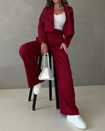 KIRUNDO Business Casual Outfits for Women 2025 Fall 2 Piece Cropped Blazer Jackets Wide Leg Pants Suit Sets Work Clothes(Wine Red, Large) - Thumbnail 2