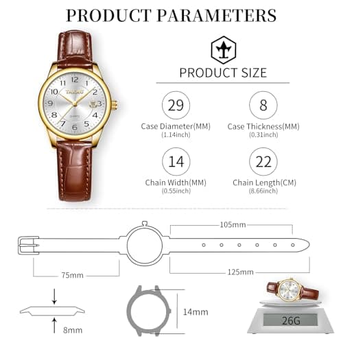 Taxau Watch for Women Brown Leather Band Womens Waterproof Watch Ladies Dress Watches Large Arabic Numerals Small Face Female Watch Leather Strap with Date Easy to Read Reloj para Mujer - Thumbnail 6
