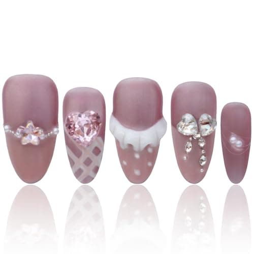 Handmade Nails Medium Pink Almond Press On Nails Press On Women Gifts 3D French Tip Press On Nails Stick On Nails For Women COOLYOUNG 15 PCS, Size S