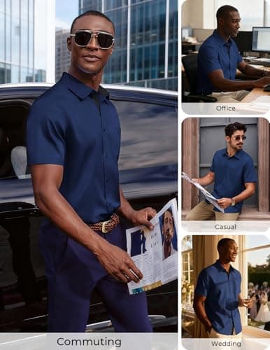 PJ PAUL JONES Mens Casual Business Shirt Short Sleeve Dress Formal Shirts Lightweight Button Up Shirt Navy Blue M - Thumbnail 4