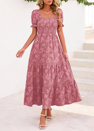 Lazysmile Women's Summer Boho Floral Maxi Dress Short Sleeve Square Neck Smocked Ruffle Elegant Wedding Guest Dress Pink - Thumbnail 3