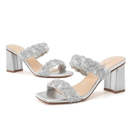 Athlefit Women's Braided Heels Square Toe Strappy Braided Sandals Slides Slip On Woven Block Silver Heels Size 6.5 - Thumbnail 3