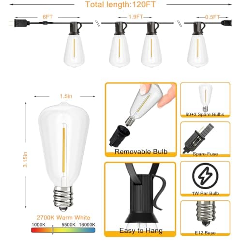 Svater Outdoor String Lights 120 FT ST38 Patio String Lights with 63 Waterproof Shatterproof LED Bulbs Connectable Lights for Outside Backyard Garden Porch - Thumbnail 4