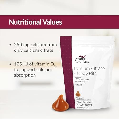 Bariatric Advantage Calcium Citrate Chewy Bites 250 mg with Vitamin D3 - Chewable Supplement for Bariatric Surgery Patients - Sugar-Free Calcium Chews - Caramel Flavor - 60 Count - Thumbnail 5