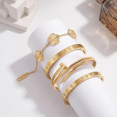 Stackable Gold Bracelets for Women - 4 Sets, 18K Gold Plated Bracelets, Stainless Steel Bangle Bracelets Non-Tarnish, Stylish Gold Jewelry Ensemble, Valentine's Day, Birthday and Christmas Jewelry Gifts - Thumbnail 5