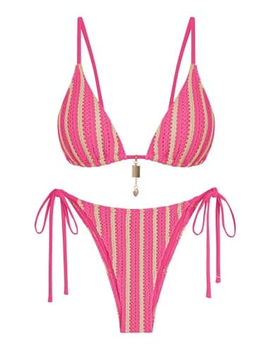 ZAFUL Neon Pink Swimsuit Crochet Bikini Sets for Women Cheeky Two Piece Bathing Suits Striped Brazilian High Cut Knit Swimsuit for Vacation Resort Wear - Image 1