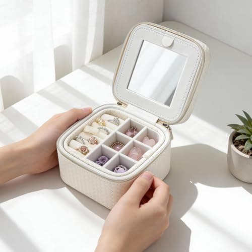 DesignSter Travel Jewelry Case for Woman, Small Travel Jewelry Box with Mirror,4.72×4.72×3.54 inches,Portable Design Travel Jewelry Organizer,Double Headed Zipper - Thumbnail 5