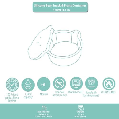 Clevakid Silicone Snack & Fruits Container – Leakproof Durable and BPA-Free | for Daycare, Preschool, School, and Family Outings – Bear design 130 ML/4.4 OZ (Green Olive) - Thumbnail 6