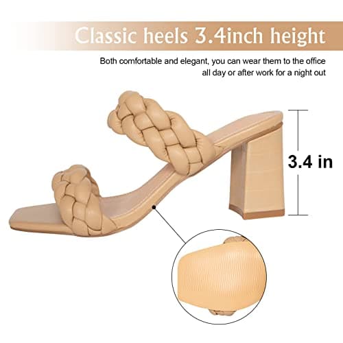 Athlefit Women's Braided Heeled Sandals Fashion Square Open Toe Comfortable Slip on Block Khaki Heels Size 6 - Thumbnail 4