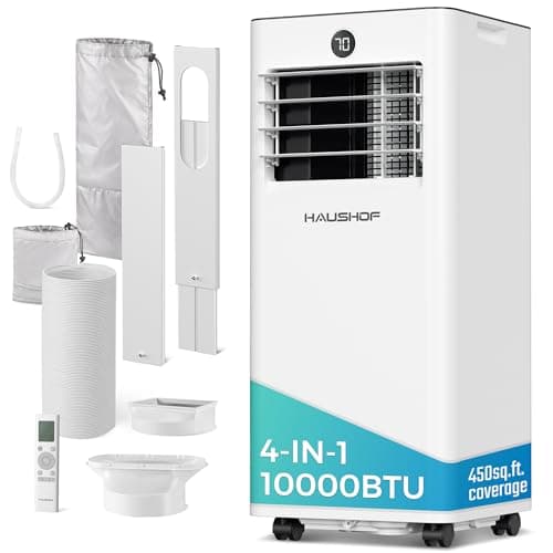 HAUSHOF Portable Air Conditioner, 10000 BTU Portable AC Unit with Cool, Fan, Dry & Sleep Mode for Rooms up to 450 sq.ft, Remote Control, 24H Timer, Window Kit & Exhaust Hose Sleeve Included, White - Image 1