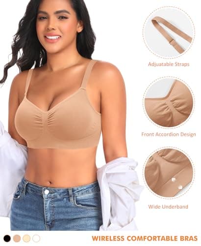 Wireless Sewn in Padded Bras for Women No Underwire T Shirt Bralettes Full Coverage Comfortable Everyday Bra(#01 Latte(Padded),Large) - Thumbnail 5