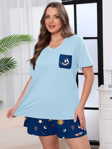 AusLook Plus Size Pajama Set for Women 2 Piece V Neck Short Sleeve Loungewear 2X Set with Pajama Printed Shorts Summer Sleepwear Loose Fit 1X-5X - Thumbnail 2