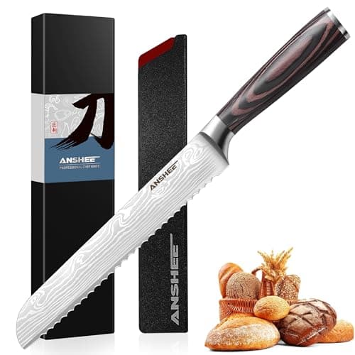 anshee 8 Inch Japanese Bread Knife - High Carbon Steel Serrated Blade with Wood Handle,Sheath&Gift Box,Razor Sharp Edge for Sourdough,Baguettes&Cakes,Professional Knife for Bakers(Home&Restaurants)