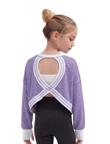 Gogokids Girls Shirts Long Sleeve Athletic Shirts Open Back Tops Active Sports Tshirts Yoga Workout Crop Tees, A-Purple White, 5-6 Years - Image 1
