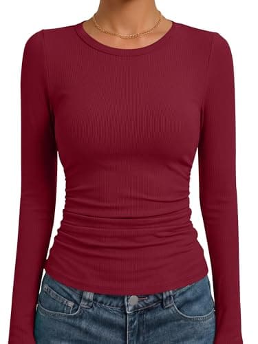 ANRABESS Women's Long Sleeve Ruched Tops, Wine Red, M