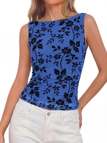 BTFBM Womens Tank Tops 2026 Summer Floral Mesh Sleeveless Boat Neck Slim Fit Shirts Casual Spring Ruched Going Out Top(Royal Blue, X-Large) - Image 1