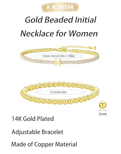 14K Gold Plated Bracelets for Women Dainty Tennis Initial Bracelet Trendy Beaded Stackable Charm Bracelets Layered Waterproof Bracelet Dainty Bracelet for Women Jewelry Gifts （H - Thumbnail 4