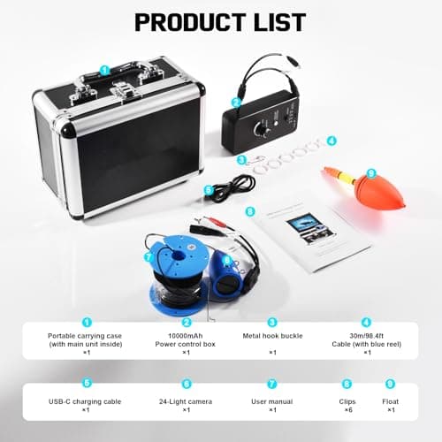 1200TVL HD Underwater Ice Fishing Camera with 7inch Monitor,100ft/30M Cable,10000mAh Fish Finder with 24pcs LED Lights,12pcs Infrared Night Vison,12pcs White Lights,Aluminium Case for Lake,Fish Boat - Thumbnail 6
