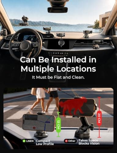 LISEN Suction Phone Mount, [Industry First] Auto-Adjusting Phone Holder Suction, Easy One Touch Suction Cup Phone Mount Cell Phone Mount Dash for iPhone 17 Pro Max 16 15 14 Galaxy S26 25 All Cases - Thumbnail 3