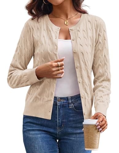 Lightweight Cream Cardigans for Women Trendy, Long Sleeve Spring Outfits for Women 2026, Knit Dressy Shrug Sweaters S - Image 1