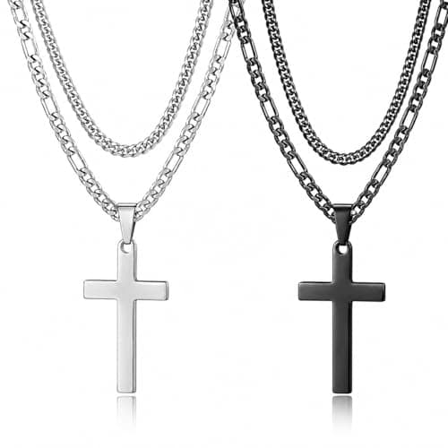 AOzT 4pcs Cross Necklace for Men - Mens Necklace Layered Stainless Steel Cross Necklace for Men Pendant Chain Silver Cross Necklaces for Men Jewelry 18-24 Inches Black - Image 1