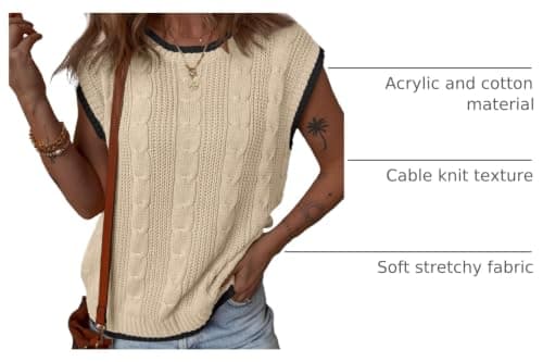 Dokotoo Tank Tops for Women 2024 Round Neck Cap Sleeve Color Block Cable Knit Sweater Vest Women Summer Tops Womens Fashion Apricot Medium - Thumbnail 4